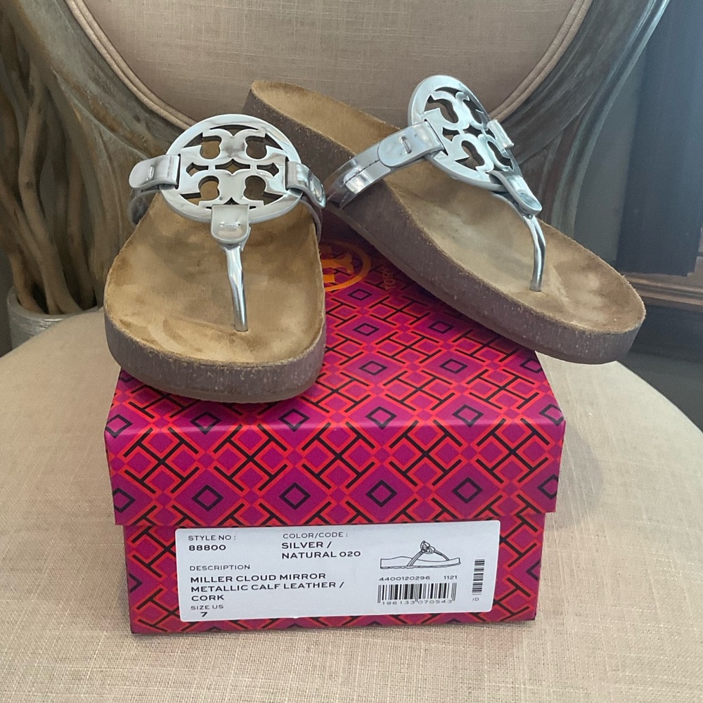 Tory Burch Silver Metallic Miller Cloud Leather Sandals